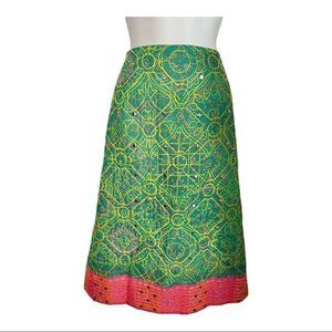 Vintage 1970s Bohemian Hippie Granny Core Quilted Embroidered Midi Skirt Green